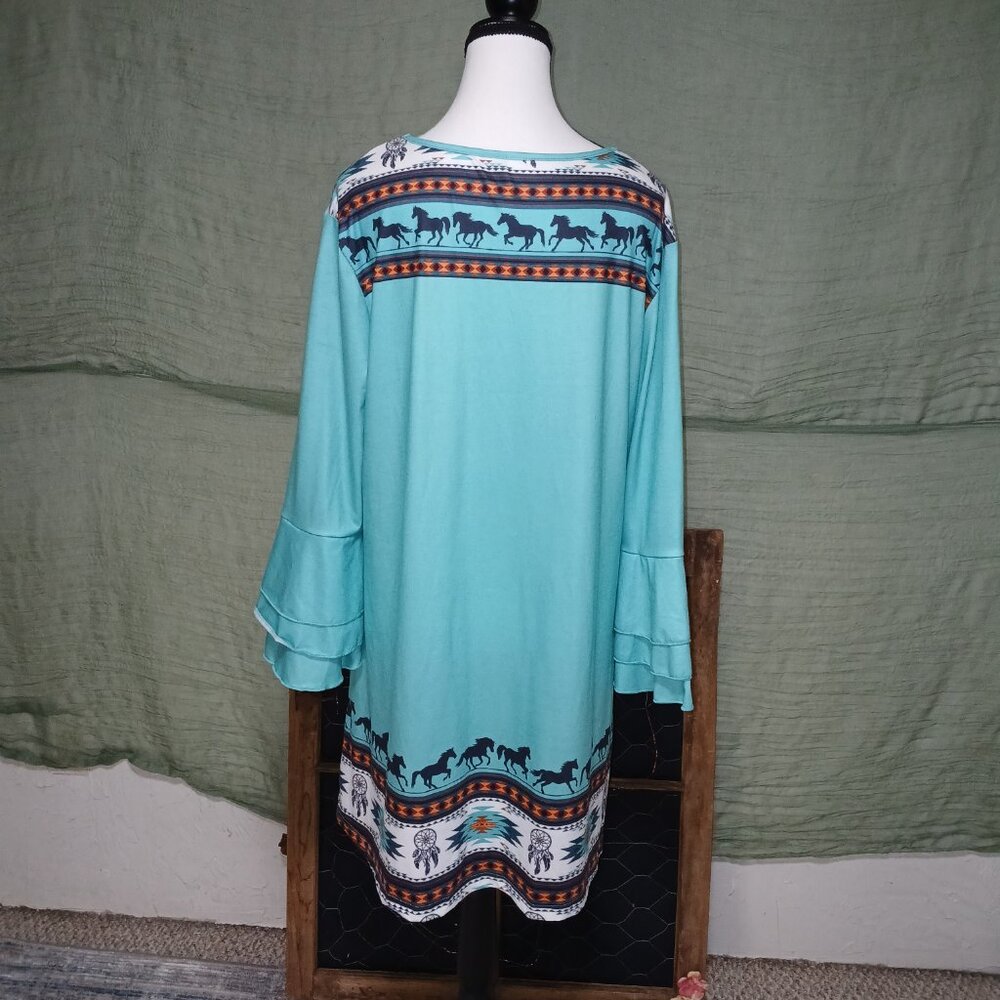 Southwestern Turquoise Graphic Dress • XXL • Horse & Feather Border - Picture 3 of 5